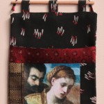 Madonna pocket - photo transfer, appliquéd fabrics with wooden rod and yarn.